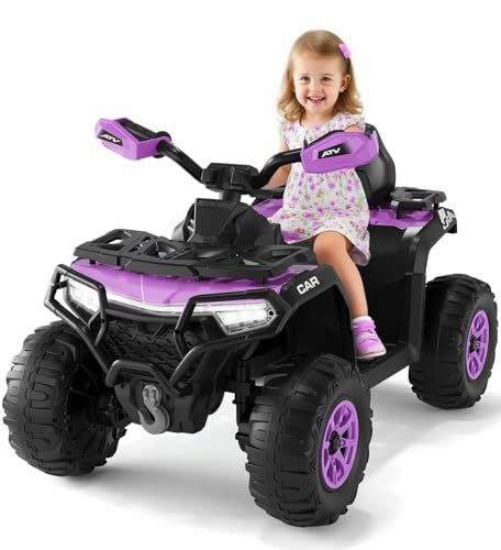 Garvee Quad Eléctrico Niño 12 V, Coche Eléctrico 4 Ruedas Todoterreno con 2 Motores, Mando a Distancia Parental, Suspensión, Faros LED, Música, Bluetooth, USB, Bandera Luminosa, para 3 6 años, Morado