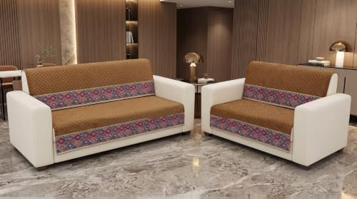 Image of KINGLY Sofa Cover 5 Seater 3+2 Velvet Full Cover - Royal Gold Mint | Fully covered quilted velvet slipcover, washable anti-slip thick furniture protector for 3+2 living room sofa