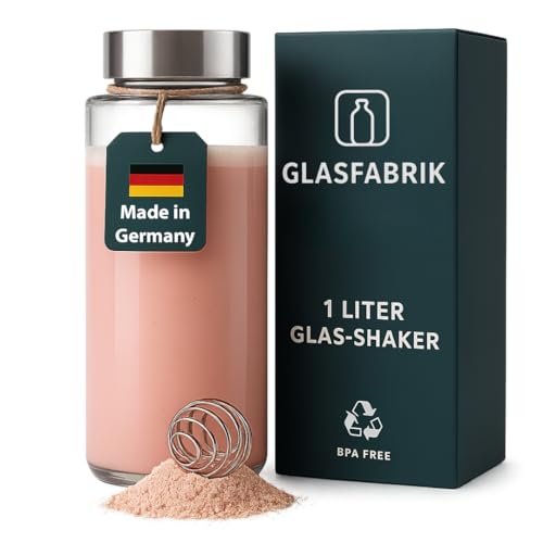 GLASFABRIK Premium Glass Shaker Protein Shake, 1 Litre BPA-Free Glass Bottle with Stainless Steel Ball, Sustainable Protein Shaker Made of Glass, Tasteless and Leak-Proof, German Brand Quality