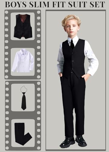 Image of YuanLu Toddler Boys Formal Suits Set,Vest Pants Dress Shirt and Tie for Kids Boy Wedding Ring Bearer Oufit