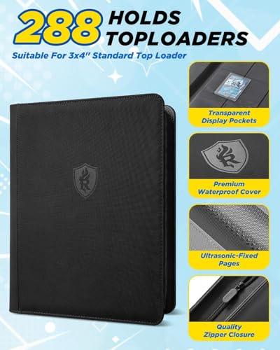 Image of 9 Pocket Top Loader Binder with Zipper - Holds 288 Toploaders - Premium Double-Sided Card Album for Trading Cards, TCG, MTG, Sports Cards (Black)