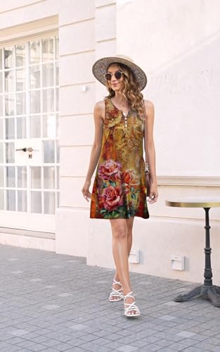 Image of Disamer Womens Summer Dress 2026 Casual Button Down V Neck Sleeveless Boho Floral Beach Sundresses Vacation A-Line Dresses