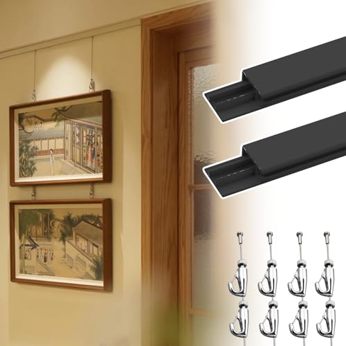 Image of UrbanUp Picture Rail Hanging System 24 inch Track with 2m Long Picture Hanging Cord, 2pcs Picture Hanging Systems White /Black, Indoor Picture Rail Hanging Hooks and Wire Adjustable(Black)