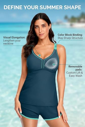 Image of Talisea Women 2 Piece Tankini Swimsuit with Pockets Boy Shorts Modest Bathing Suit Tummy Control Tank Top