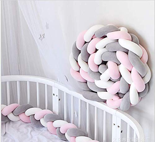 Cozywind 4m Protector para Cuna Bebé Trenzado Barandilla Cama Niño, Suave Cojín Infantil para Decoración, Foto Prop (blanco+gris+rosa, 4m)