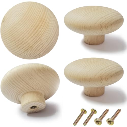 Btibpse 4 Pack Large Wooden Drawer Knobs 3 Inch Big Round Wood Cabinet Knobs Pulls Unfinished Beech Wood Round Knobs for Kitchen Cabinets Drawer, Cabinet Handles