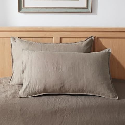 TOSMO 100% Linen Pillowcase Queen Size, Set of 2, Stone Washed Pillowcases Envelope Closure, Soft and Durable Pillow Cases, 20" X 30", Taupe Cover