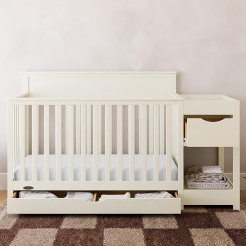 Image of Graco Shiloh 5-in-1 Convertible Crib & Changer with Drawer - GREENGUARD Gold Certified Baby Crib Crafted from Wood, Converts to Toddler Bed, Daybed, and Full-Size Bed (Frosted Oat)