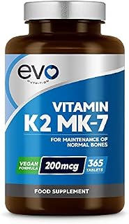 Vitamin K2 MK 7 200mcg | 365 Vegetarian and Vegan Tablets (not Capsules) | One Year Supply of High Strength Vitamin K2 Menaquinone MK7 Produced in the UK by EVO NUTRITION