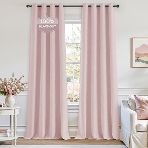 Image of HOMEIDEAS 100% Blackout Light Pink Linen Curtains 52W x 84L 2 Panels | Faux Linen, Thermal Insulated, Darkening Grommet Window Drapes for Bedroom, Living Room, Nursery