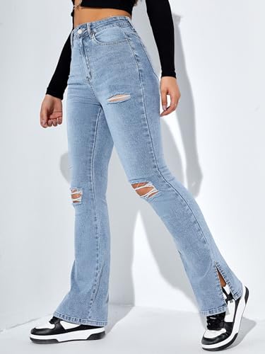 Floerns Women's Flare Leg Ripped Frayed Split Hem High Waist Denim Jeans4