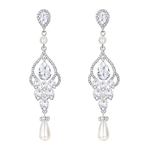 EVER FAITH Women's Crystal Simulated Pearl Bridal Vintage Chandelier Teardrop Earrings Clear Silver-Tone