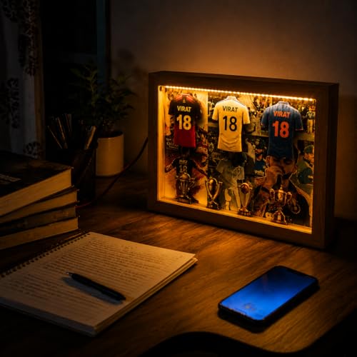 Image of #18 Cricket Jersey Shadow Box Frame with LED Light | RCB Cricket Fan Gift | Sports Display Box for Gaming Room & Bedroom Decor | Cricket Gifts for Men (Virat Kohli)