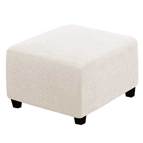 Image of H.VERSAILTEX Square Ottoman Covers Ottoman Slipcovers Folding Storage Stool Furniture Protector Form Fit with Elastic Bottom, Stretch High Spandex Small Checks Jacquard Fabric(Large,Ivory)