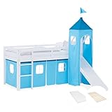 Lieferumfang: weißes Bettgestell 90 x 200 mit Lattenrost, Matratze, Vorhang, Turm & Rutsche (wechselseitig montierbar). nicht enthalten: passende Dekoration