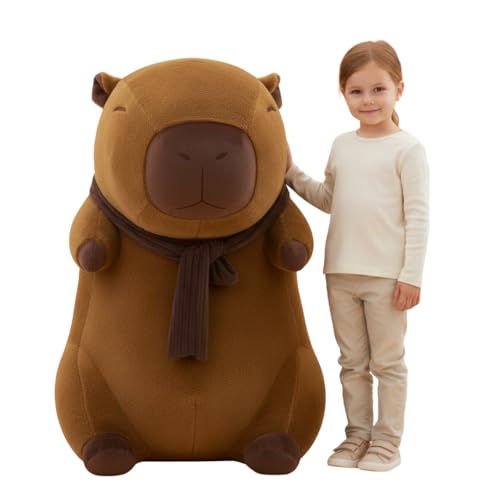 nerd hunters Capybara Plüschtier XXL 100 cm Großes Weiches Kapibara Kuscheltier 3-in-1 Kissen & Deko Riesen Stofftier zum Kuscheln für Kinder & Erwachsene (Capybara mit Schal)