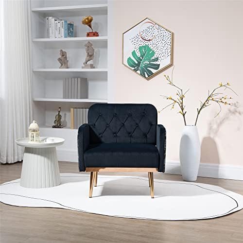 Velvet Tufted Accent Chair Comfort Living Room Lounge Armchair, Upholstered Sofa Chair with Rose Gold Metal Trim, Square Bedroom Chair Perfect for Relaxing for Bedroom Office Decorative (Black)
