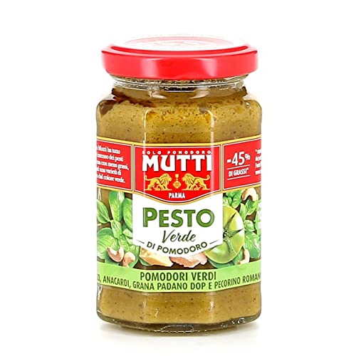 12x Mutti Pesto Verde Pomodori Verdi Grünes Tomatenpesto Pasta Sauce 100% italienische Tomate Glas 180g Würzsaucen mit Cashewnüssen, Grana Padano und Pecorino Romano