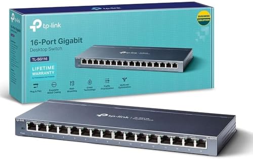 TP-Link TL-SG116 16-Port Desktop Gigabit Network Switch Green Power-Saving Ethernet Splitter Support 802.1p/DSCP QoS and IGMP Snooping Function Wall-Mounting Design Plug & Play