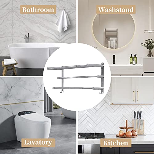 Stretchable 17-31 Inches 3-Tier Bath Towel Bar With Shelf Towel Rack Bathroom With Hooks Kitchen Hand Towel Holder Dish Cloths Hanger Sus304 Stainless Steel Wall Mounted No Drill Space Saving Silver #TOP6