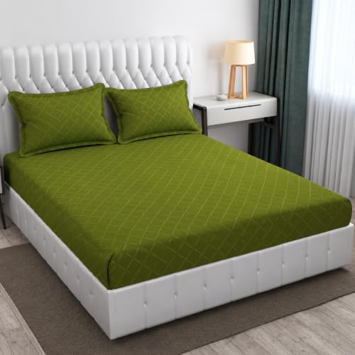 Image of Blue Strip Glace Cotton 200 TC Emboss Plain Colour Double Bedsheets with 2 Pillow Cover, (90X100 Inches, 7 x 8.3 Feet,)