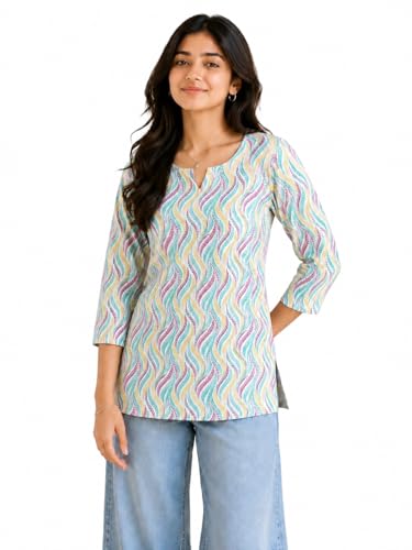 Image of Women Ikat Print Short Kurti Top,Cotton Blend Casual Ethnic Kurta for Women, Stylish Office Kurti Tunic,Lightweight Printed Short Kurti Kurti for V Nack Kurti