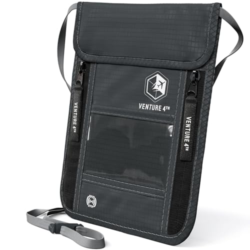 VENTURE 4TH Neck Wallet, RFID Blocking Passport Holder for Travel – Hidden Neck Pouch with 6 Compartments, Slim Lightweight Organizer with Adjustable Strap for Cash, Cards & Passport (Gray)