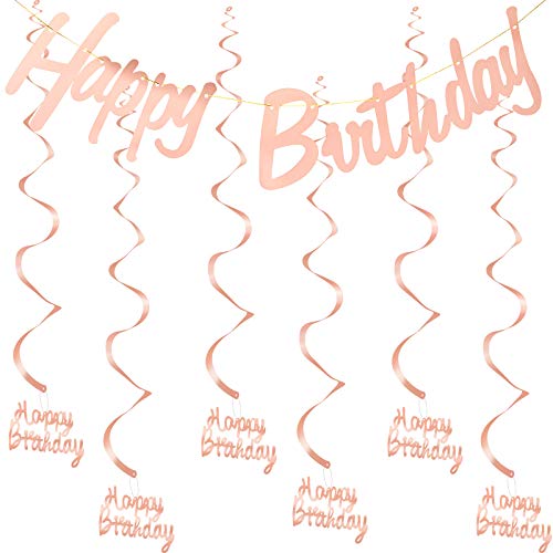 Happy Birthday Decorations Bunting Banner with 6 Pieces Hanging Swirl Happy Birthday Decorations Party Supplies for Women and Girls(Rose Gold)