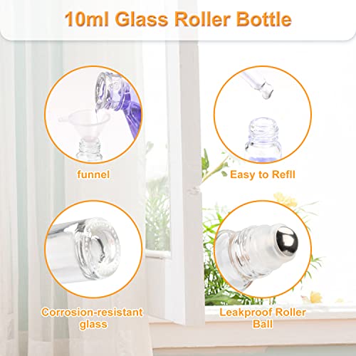 10 Pack 10ml/0.33 Oz Bamboo Roll On Bottle,Empty Clear Glass Roller Bottle for Essential Oils Stainless Steel Roller Balls Perfume Travel Vial Container-Pipette&Opener Included3