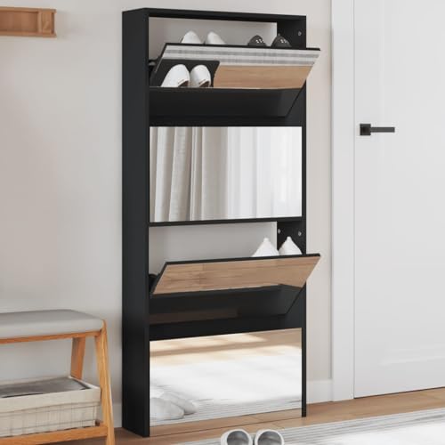 Teenpull Zapatero para pasillo, entrada, dormitorio, 4 compartimentos basculantes, espejo, color negro, 63 x 17 x 134 cm, ahorro de espacio