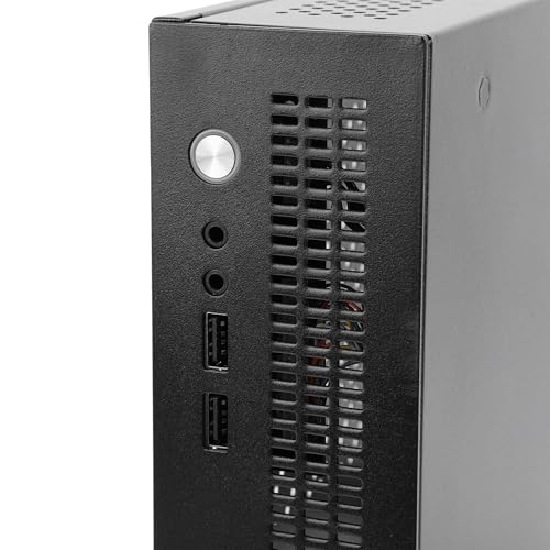 Gabinete pequeño para PC con placa de acero, soporte para motherboard Mini-ITX, ventilación eficiente con refrigeración por aire, y puertos USB 2.0 miniatura 7