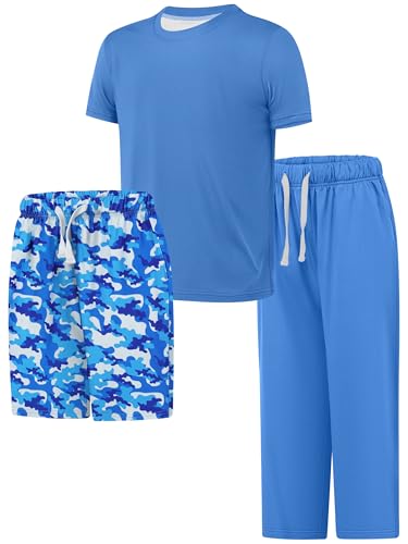 Cooraby 3 Pieces Teen Boys Pajs Short Sleeves Top, Shorts & Pants Soft Loose Fit Outfits with Drawstring Pockets for Summer Blue Camouflage