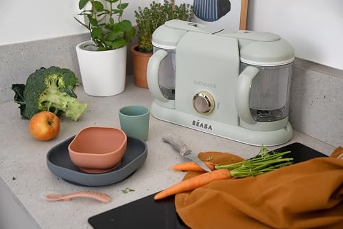 Image of BEABA Silicone 4-Piece Meal Set - Easy to Clean - Dishwasher and Microwave Safe - Soft, Unbreakable, Non-Slip Suction Bottom - Includes Plate, Bowl, Cup and 2nd Stage Silicone Spoon (Mineral)