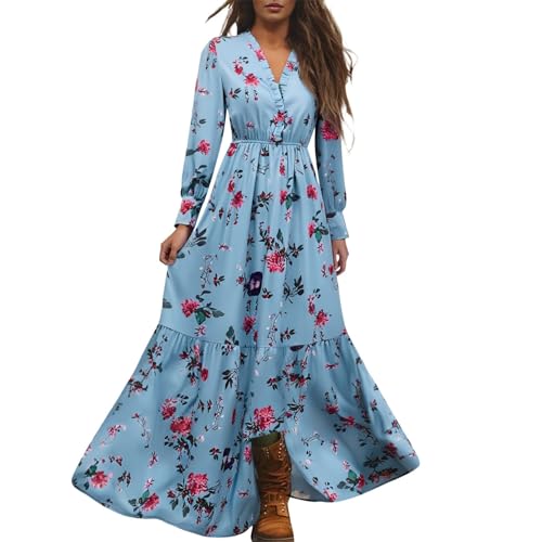 Vestido maxi de verano para mujer, manga larga, estilo bohemio, vestido largo en A, bonito estilo rústico, cuello en V, vestido con estampado floral, vestido de flores, vestido de boda, estilo western