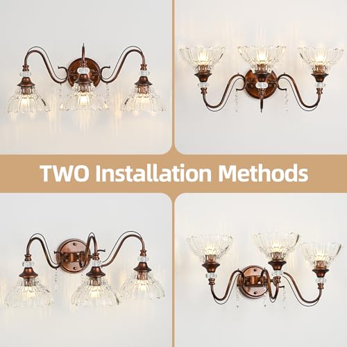 Image of Vintage Bathroom Vanity Light, 3-Light Matte Antique Red Bronze Finish Wall Sconce with Hanging Crystal Accent and Flower-Shaped Clear Glass Shades, Retro Wall Mount Vanity Light Over Mirror