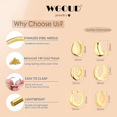 Image of Wgoud 6 Pairs Chunky Gold Hoop Earrings for Women, 14K Gold Plated Hoop Earrings Hypoallergenic, Thick Lightweight Twisted Huggie Hoops Earring Set for Women's Jewelry GIfts