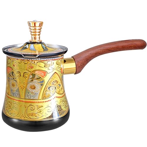 swsce Turkish Arabic Coffee Pot with Wooden Handle,Stove Top Water Boiler, Coffee Maker, Butter, Chocolate & Milk Warmer,Even and Quick Heat with Handcrafted Metal Material (Black and Gold)