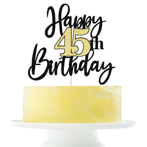 Decoración para tarta de cumpleaños número 45 con purpurina negra y dorada, decoración de pastel de cumpleaños 45 para cumpleaños 45 y fabuloso, suministros de decoración de tartas de fiesta de