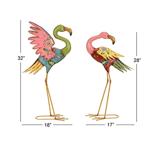 Deco 79 Metal Flamingo Indoor Outdoor Embossed Standing Garden Sculpture With Coiled U Shaped Feet, Set Of 2 28", 32"H, Multi Colored #TOP5