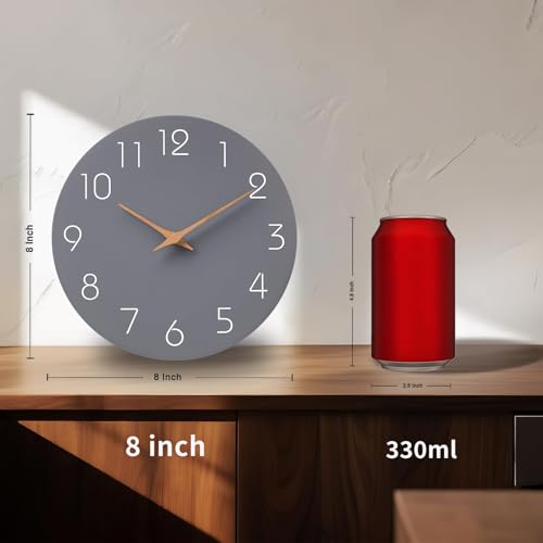Image of Mosewa Wall Clock 8 Inch Gray Battery Operated Silent Non Ticking Simple Modern Clock Decorative for Bedroom Living Room Kitchen Home Bathroom Office