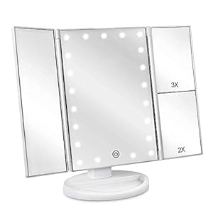 deweisn Floor Mount Tri-Fold Lighted Vanity Mirror with 21 LED Lights, Touch Screen and 3X/2X/1X Magnification, Two Power Supply Modes Make Up Mirror,Travel Mirror