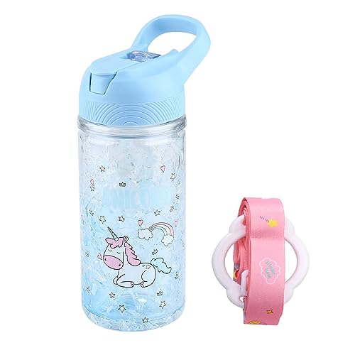 XinHuiGY Botella de agua de unicornio para niñas, Taza con paja y bloqueo de seguridad, Botella Rosa con correa de hombro, 400ml fría para exteriores, deportiva con estilo para la escuela,niños (Azul)