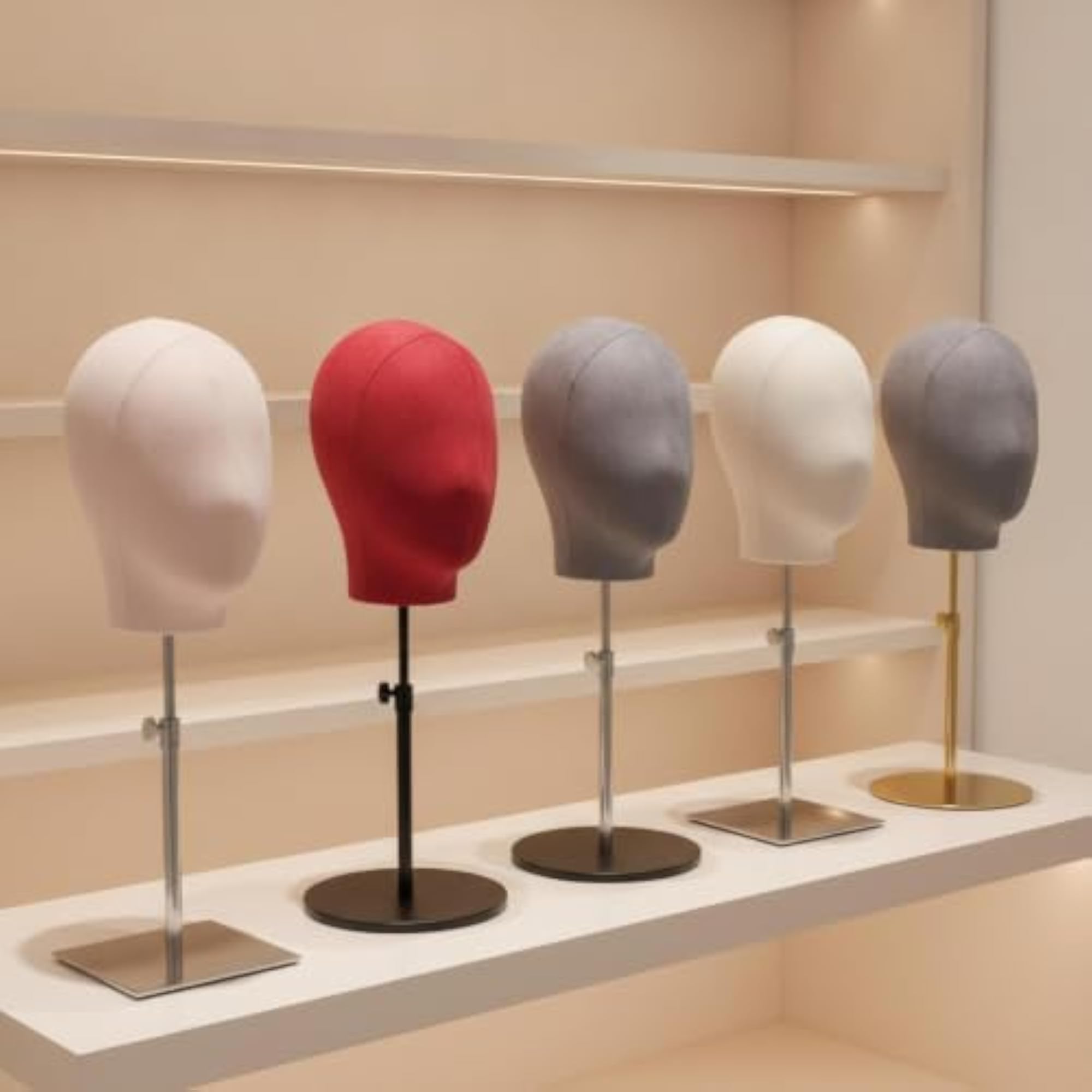 Adjustable Mannequin Head with Stand, Beige & Silver