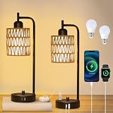 Stepeak Rattan Table Lamps for Living Room Set of 2, Boho Bedside Lamps with LED Bulbs, USB Charging Ports and Outlet, Farmhouse Nightstand Lamp with Woven Shade, Black Desk Lamp for Bedroom Office