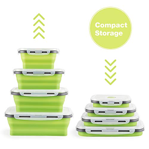 Virklyee® 4 Pcs Recipientes de Silicona Plegable Fiambrera de Silicona Plegable de Silicona Recipientes para Alimentos Contenedores de Almacenaje de Silicona Plegable Ahorro de Espacio(Verde)