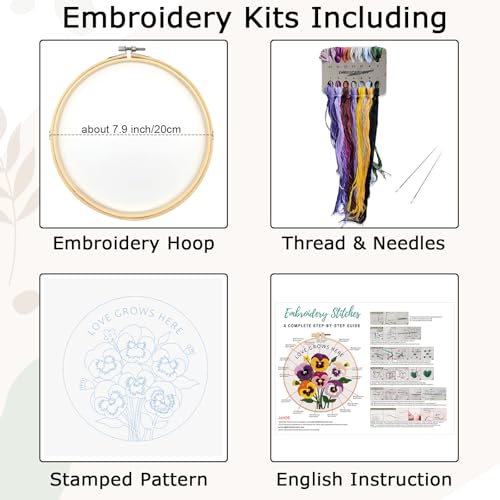 Image of Nuberlic Pansy Flower Embroidery Kit for Beginners Cross Stitch Kits- Complete Starter Set with Hoop, Pre-Printed Fabric, Threads & Needles