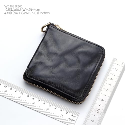IJUN Handmade Vintage Men’s Bifold Zipper Wallet - Full Grain Oil Vegetable Tanned Cowhide Leather (Black)4