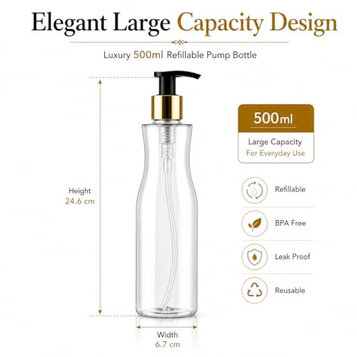 Image of Prakash Empty Plastic Trophy Pump Bottles Dispenser 500ml Portable Shampoo Lotion Hand Bottle (Transparent Trophy Golden Pump 500ML, Pack of 3)