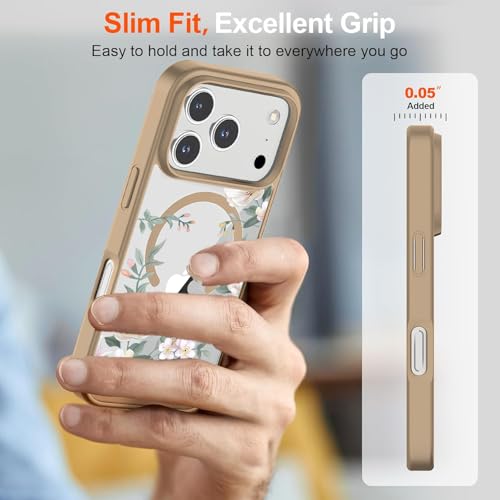 Image of VONZEE Retro Floral Clear Case for iPhone 17 Pro Max (6.9 inch) | Magnetic Wireless Charging Compatible | Luxury PC+TPU Shockproof Glossy Shiny Back Cover for Girls & Women (Desert)
