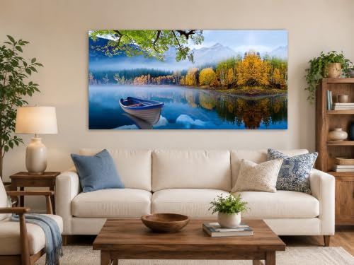 Image of Arjun Lake Canvas Wall Art Blue Mountain Sky Nature Landscape Picture Boat Artwork Modern Scenic Painting Framed Large for Living Room Bedroom Bathroom Dinning Room Home Office Wall Decor 40 inchx20 inch | Wall Art for Living Room Picture Bedroom Nature Mountain Artwork Modern Nature Scenery Home Office Dining Room Wall Decor